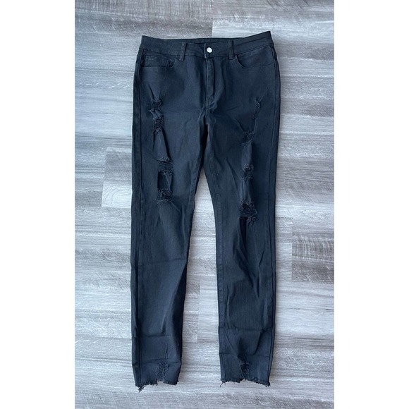 SHEIN Black Distressed Skinny Jeans L High Rise A8 - Picture 1 of 4